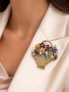 Vintage Gold Floral Basket Brooch Multicolor Crystal Luxury Statement Pin